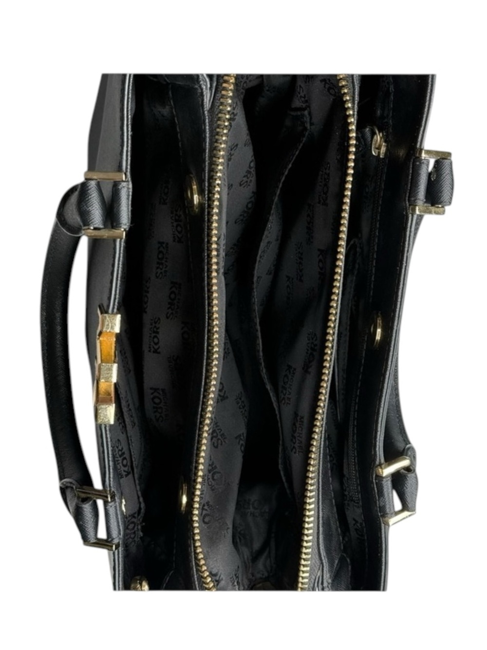 Michael Kors ✿ Florence Medium Saffiano Leather Satchel Handbag ✿ Black Gold MK - Picture 9 of 16